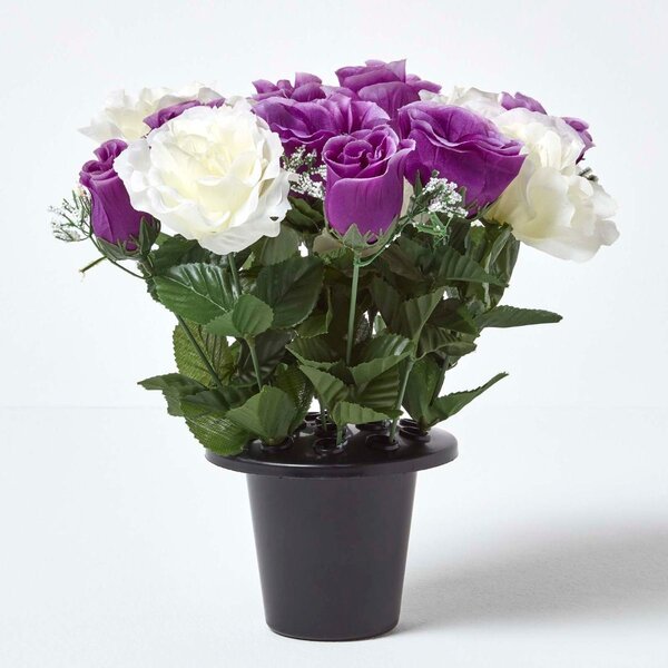 Homescapes Set of 2 Pink & Purple Roses Artificial Grave Flower Pots