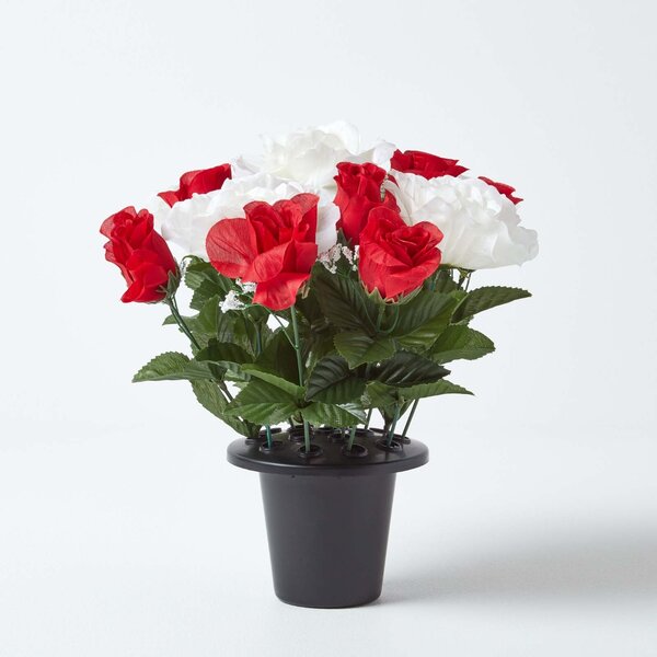 Homescapes Set of 2 Red Rose & White Peony Artificial Grave Flower Pot