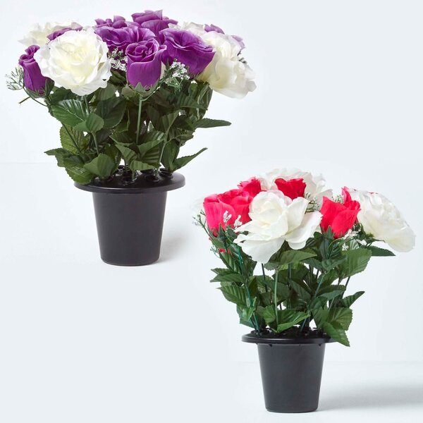 Homescapes Set of 2 Pink & Purple Roses Artificial Grave Flower Pots