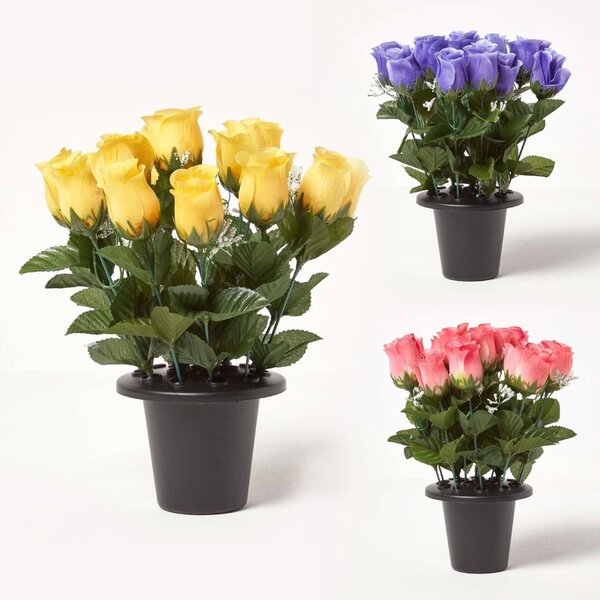 Homescapes Artificial Pink, Yellow and Purple Rosebuds with Gypsophila in Grave Vase, Set of 3