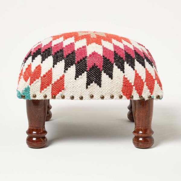 Homescapes Manila Orange & Pink Kilim Upholstered Footstool 40 x 40 cm