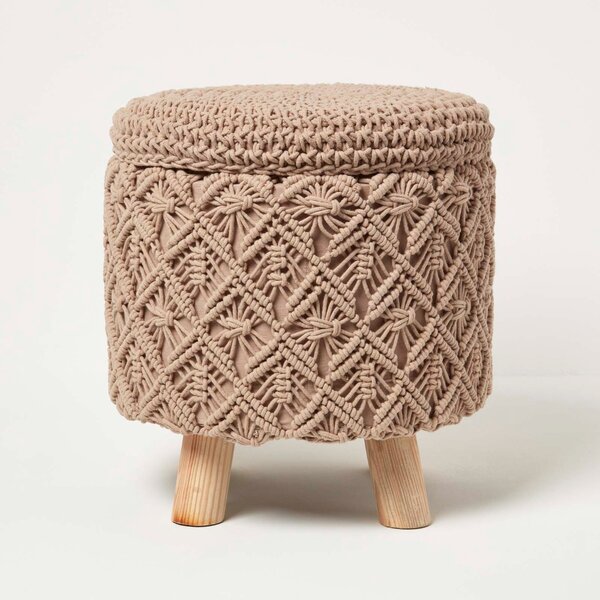 Homescapes Brown Macrame Storage Footstool Pouffe on Legs 43 cm Tall