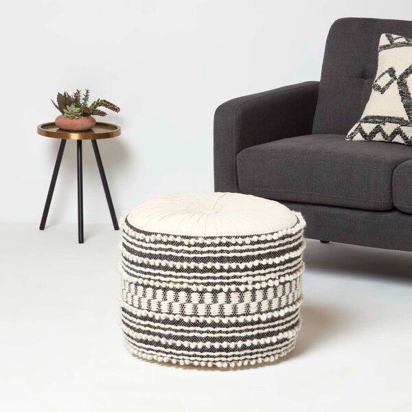 Priya Boho Macrame Black & White Round Pouffe Footstool 40 cm Tall