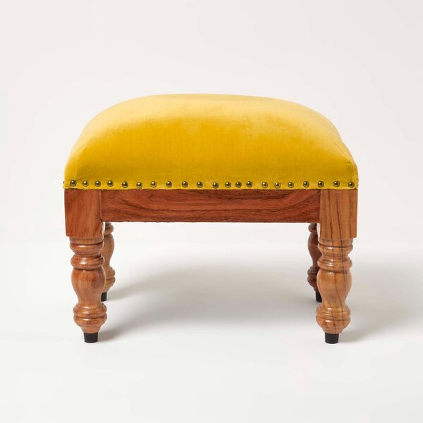 Homescapes Mustard Velvet Footstool 50 x 30 cm Ottoman Pouffe