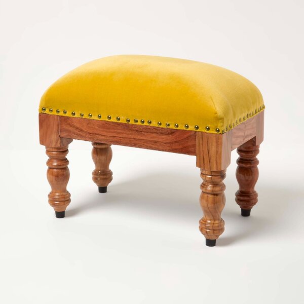 Homescapes Mustard Velvet Footstool 50 x 30 cm Ottoman Pouffe