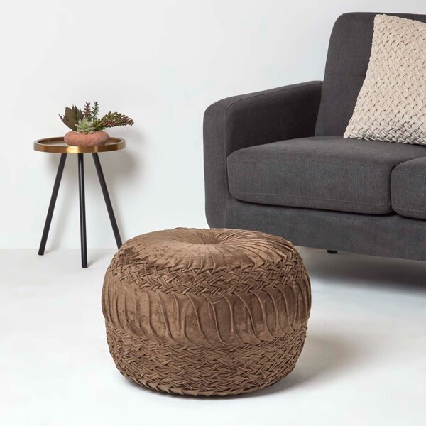 Sofia Brown Pleated & Braided Velvet Pouffe Round Footstool 50 cm Wide