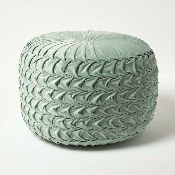 Grace Sage Green Pleated Velvet Pouffe Round Footstool 50 cm Wide