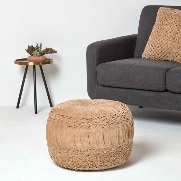 Sofia Natural Pleated & Braided Velvet Pouffe Round Footstool 50cm Wide