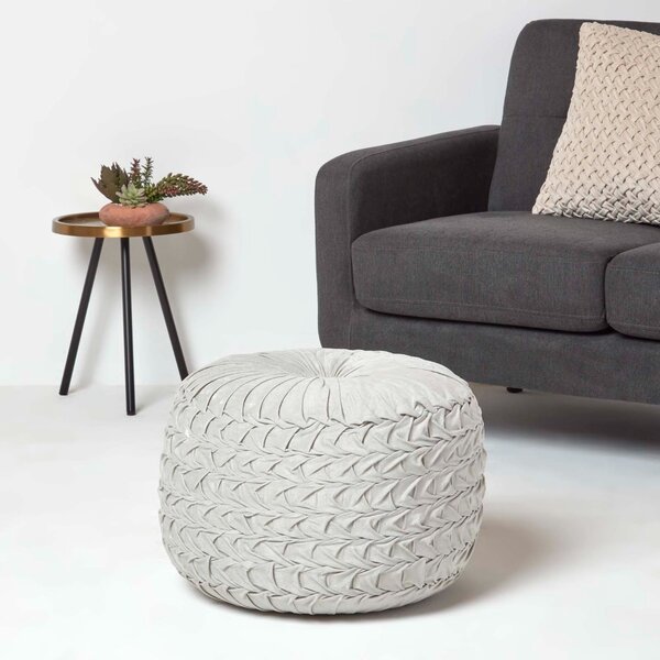 Grace Light Grey Pleated Velvet Pouffe Round Footstool 50 cm Wide