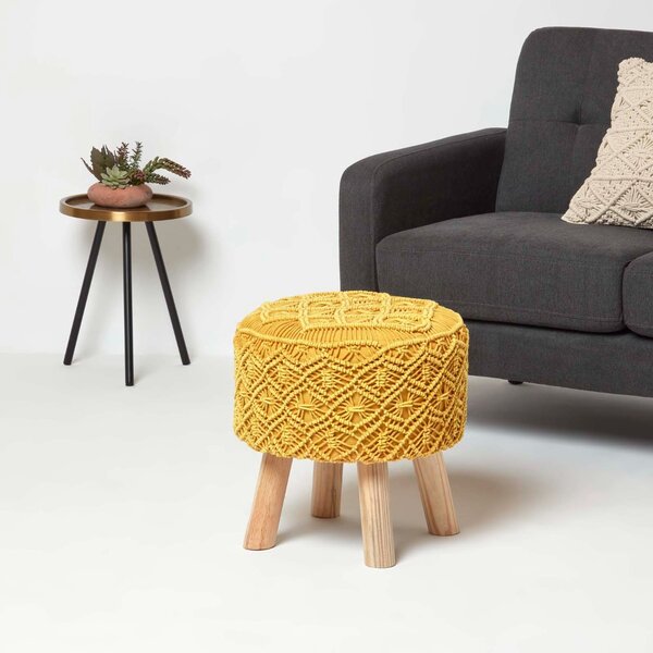 Homescapes Mustard Yellow Macrame Footstool Pouffe on Legs 43cm Tall