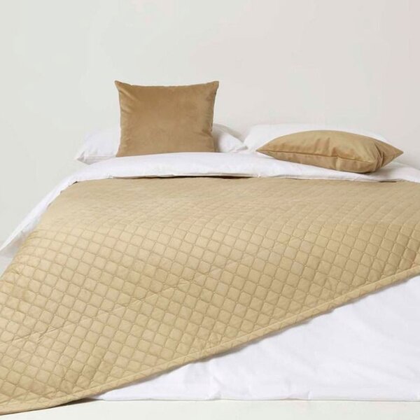 Homescapes Diamond Quilted Beige Velvet Throw Bedspread 150 x 200 cm