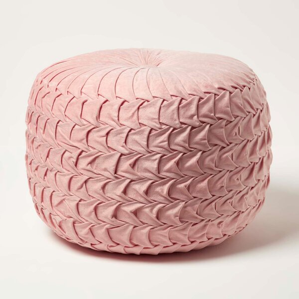 Grace Pink Pleated Velvet Pouffe Round Footstool 50 cm Wide