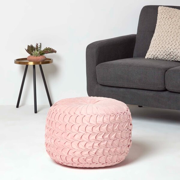 Grace Pink Pleated Velvet Pouffe Round Footstool 50 cm Wide