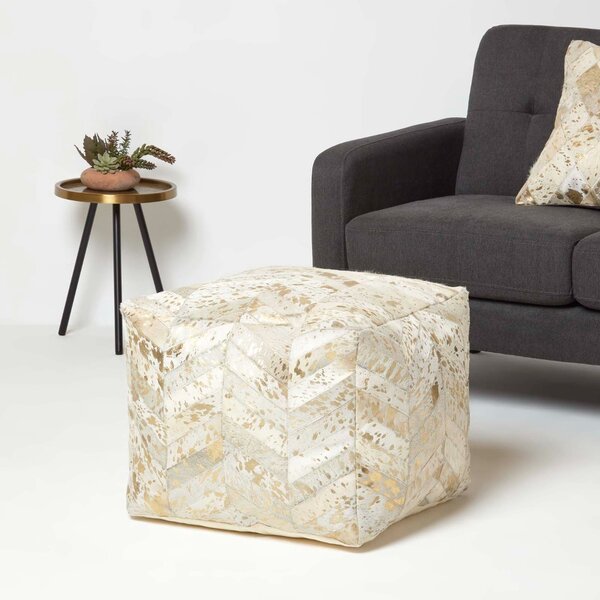 Homescapes Gold & Grey Geometric Diamond Leather Pouffe Bean Cube