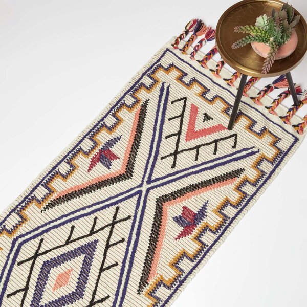 Multi Colour Tribal Geometric 66 x 200 cm Handwoven Wool Hall Runner Kilim Rug