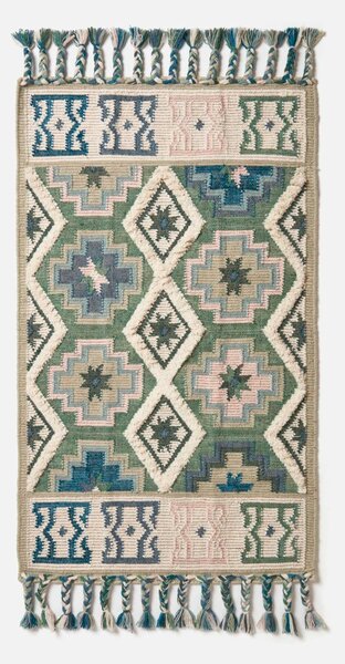 Green & Blue 90 x 150 cm Satara Handwoven Wool Kilim Rug