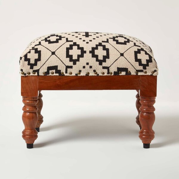 Homescapes Black Geometric Upholstered Footstool, 50 x 30 cm