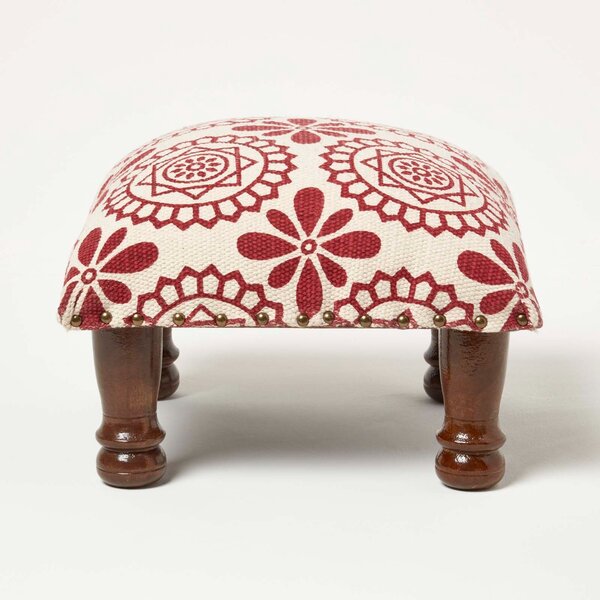 Homescapes Red Geometric Upholstered Footstool, 40 x 40 cm