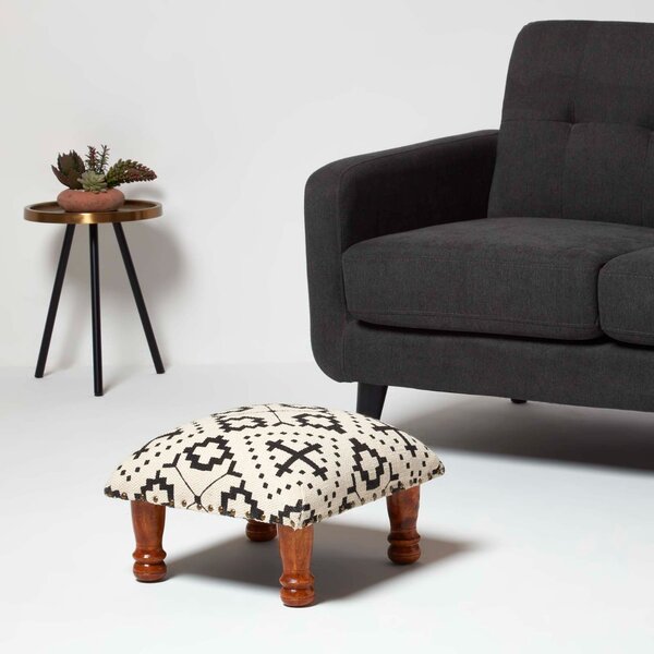 Homescapes Black Geometric Upholstered Footstool, 40 x 40 cm