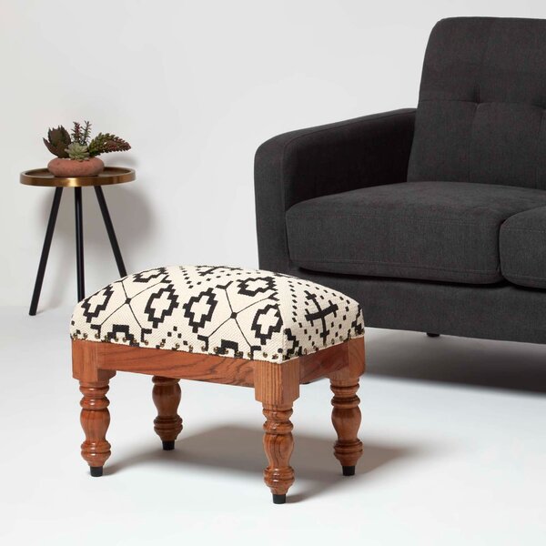 Homescapes Black Geometric Upholstered Footstool, 50 x 30 cm