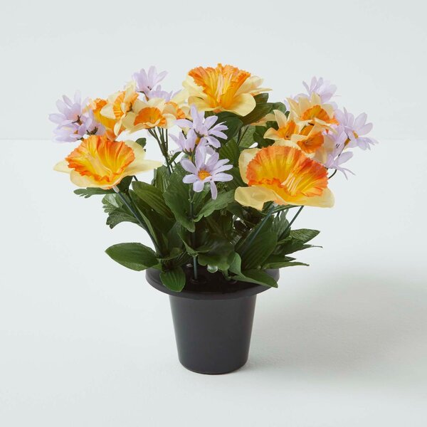 Homescapes Set of 2 Daisy & Daffodil Artificial Flowers in Grave Pot