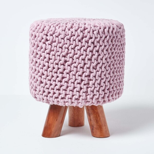 Homescapes Pastel Pink Tall Knitted Footstool with Wooden Legs