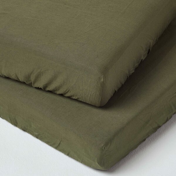 Homescapes Pair of Dark Green Fitted Cot Sheets Linen & Cotton Blend