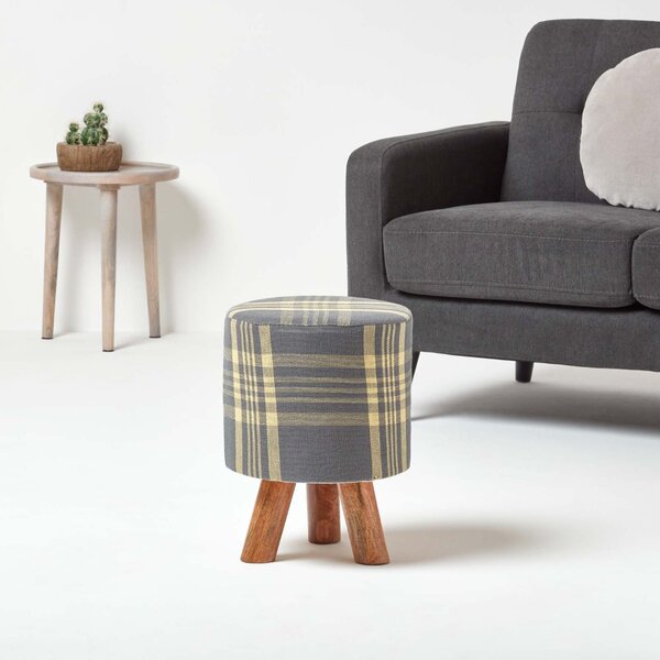 Homescapes Grey and Yellow Tall Tartan Fabric Stool with Legs