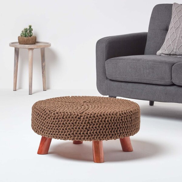 Homescapes Chocolate Brown Flat Circular Knitted Footstool with Legs