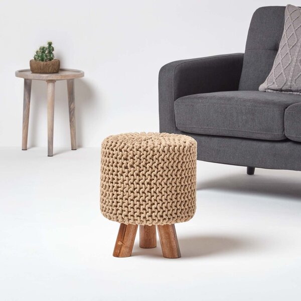 Homescapes Linen Tall Knitted Cotton Footstool with Legs