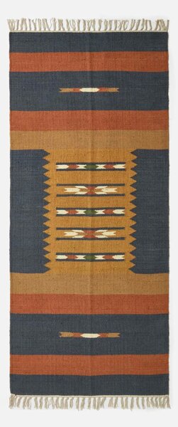 Orange & Blue 66 x 200 cm Handwoven Jute Hall Runner Kilim Rug