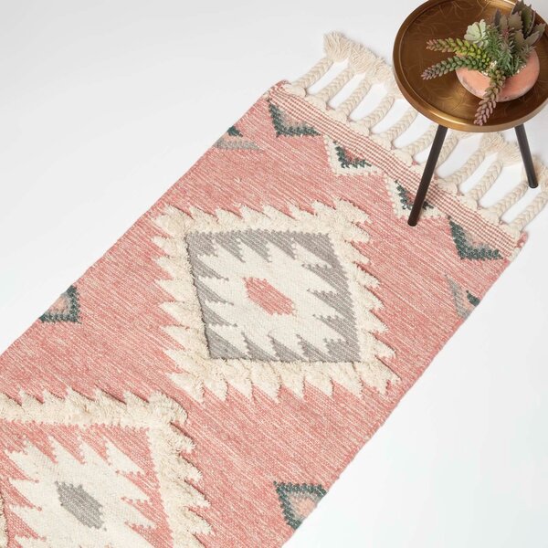 Pink Geometric 66 x 200 cm Handwoven Wool Hall Runner Kilim Rug