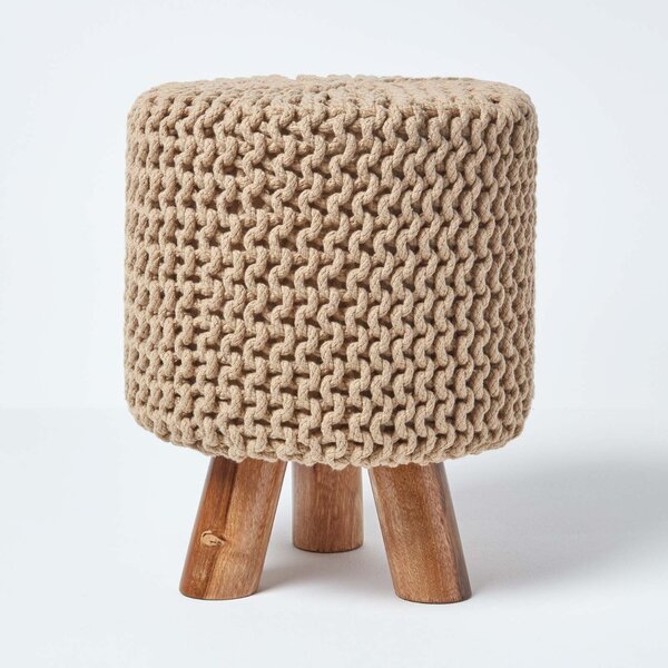 Homescapes Linen Tall Knitted Cotton Footstool with Legs