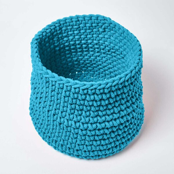 Homescapes Teal Blue Cotton Knitted Round Storage Basket, 42 x 37cm