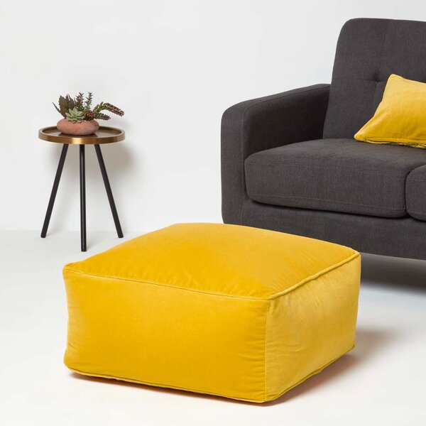 Homescapes Mustard Velvet Pouffe Cube Footstool 60 x 60 cm