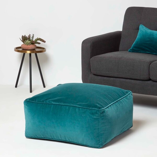 Homescapes Teal Velvet Pouffe Cube Footstool 60 x 60 cm