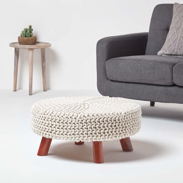 Natural Knitted Flat Footstool with Wooden Legs Large 62 x 62 x 30 cm