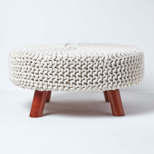 Natural Knitted Flat Footstool with Wooden Legs Large 62 x 62 x 30 cm