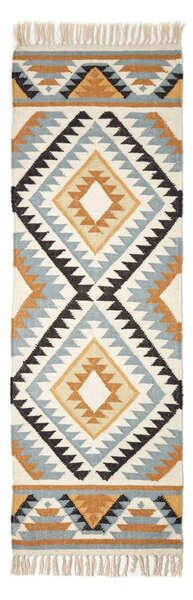 Agra Handwoven Ochre Gold, Silver Grey and Black Diamond Pattern Kilim Wool Hall Runner, 66 x 200 cm