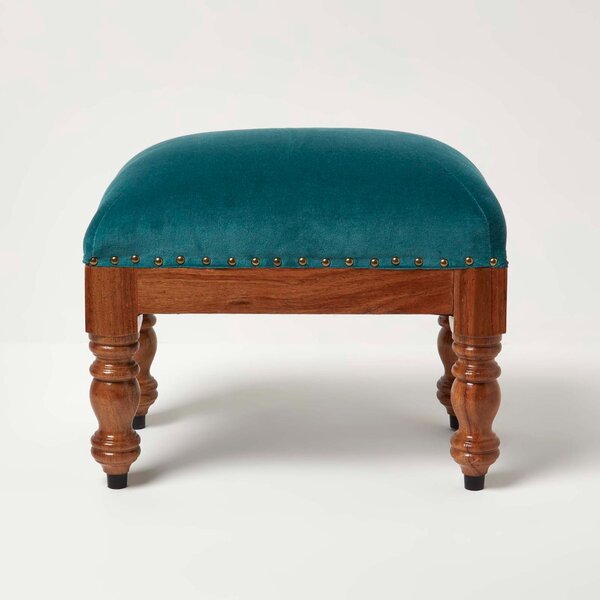 Homescapes Teal Green Velvet Footstool 50 x 30 cm Ottoman Pouffe