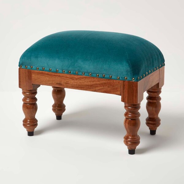 Homescapes Teal Green Velvet Footstool 50 x 30 cm Ottoman Pouffe