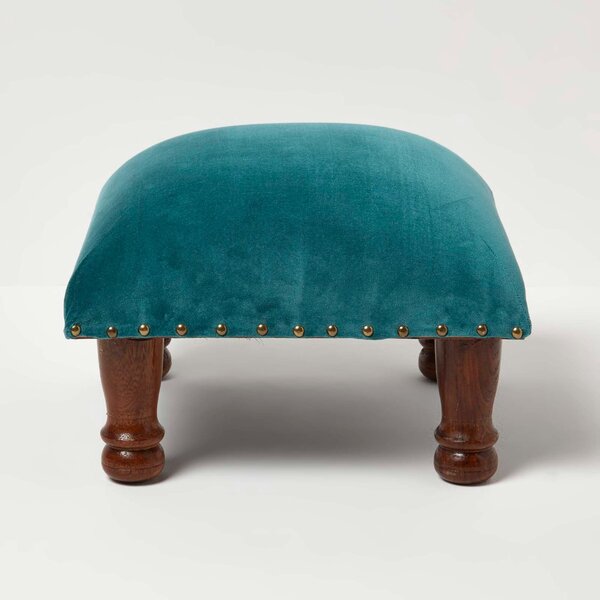 Homescapes Teal Green Velvet Footstool 40 x 40 cm Ottoman Pouffe