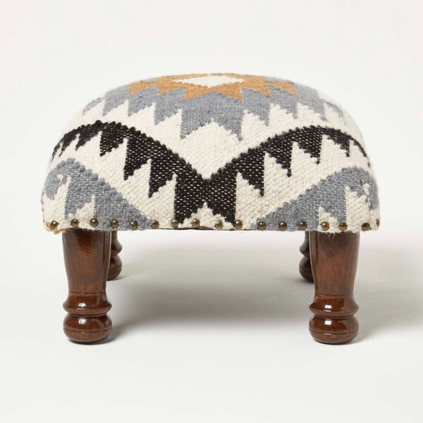 Homescapes Agra Yellow & Grey Kilim Upholstered Footstool 40 x 40 cm