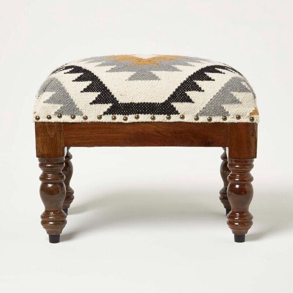 Homescapes Agra Yellow & Grey Kilim Upholstered Footstool 50 x 30 cm