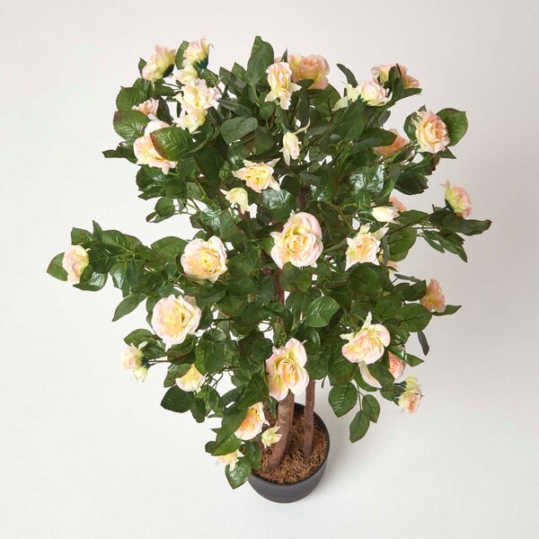 Artificial White Rose Tree – Potted with Real Wood Stems, 4 Feet