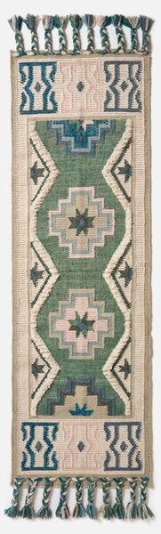 Green & Blue 66 x 200 cm Handwoven Wool Hall Runner Kilim Rug