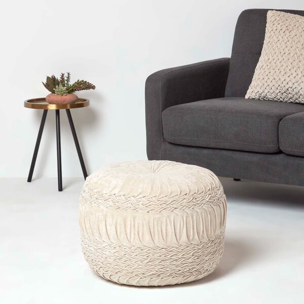 Sofia Cream Pleated & Braided Velvet Pouffe Round Footstool 50 cm Wide