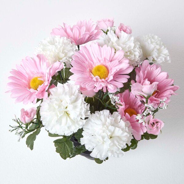 Artificial Pink & White Gerbera Daisy Grave Flowers in Plastic Vase