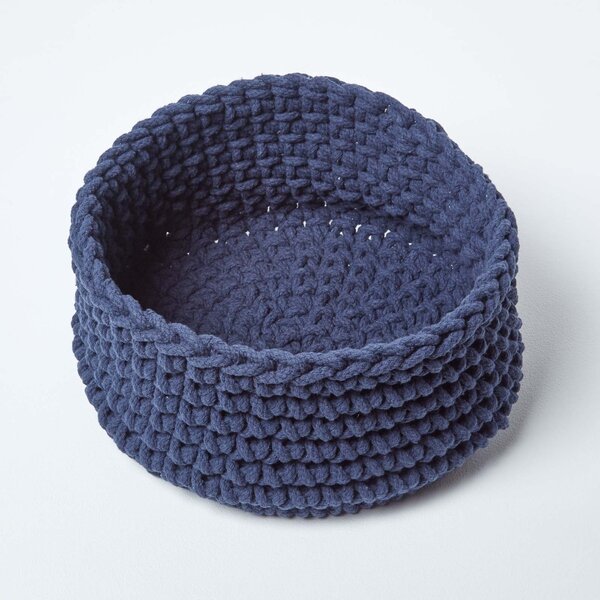 Homescapes Navy Blue Cotton Knitted Round Storage Basket, 37 x 21 cm