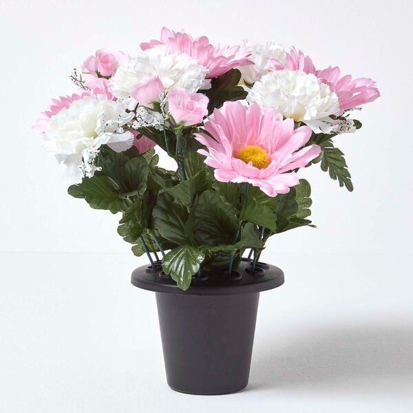 Artificial Pink & White Gerbera Daisy Grave Flowers in Plastic Vase